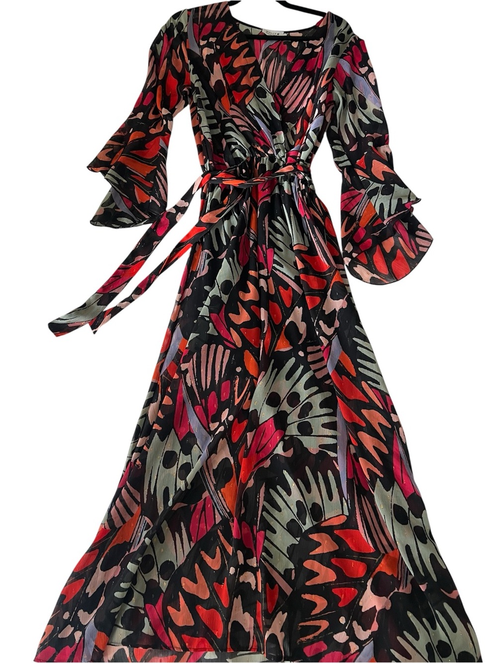 Molly Bracken Black Wrap Maxi Dress with Red, Coral & Pink Leaf Print